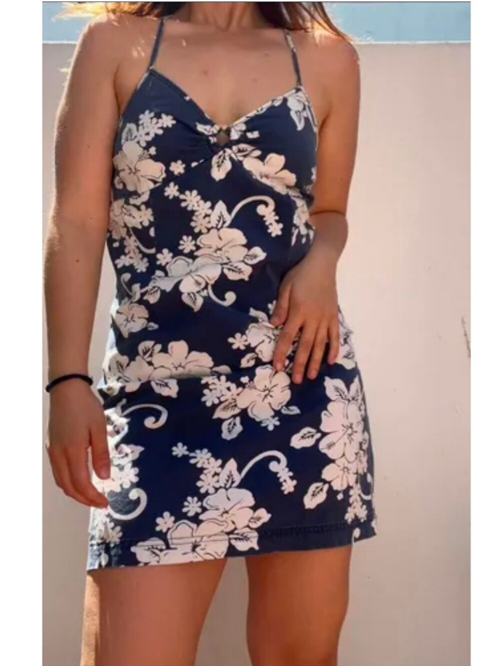 Old Navy Rare Vintage Y2K Blue White Hibiscus Floral Cotton Mini Dress - 14
